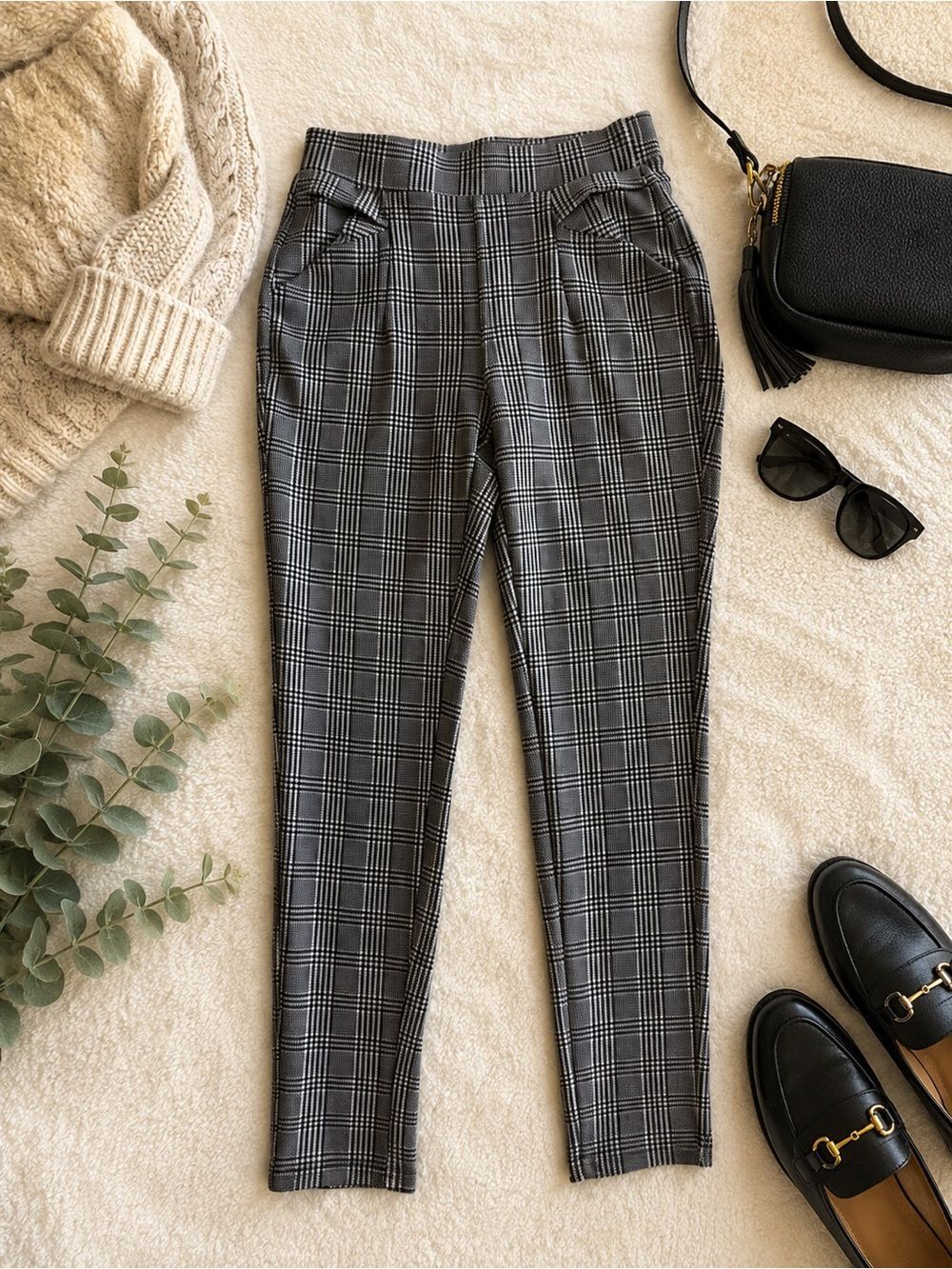 Indero Glen Plaid Pull-On Stretch Pants Black White Skinny Size S/M